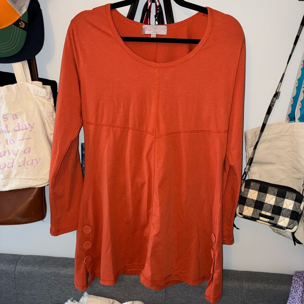 Y2K Pretty Angel Scoop Neck Long Sleeve Tunic - Burnt Orange